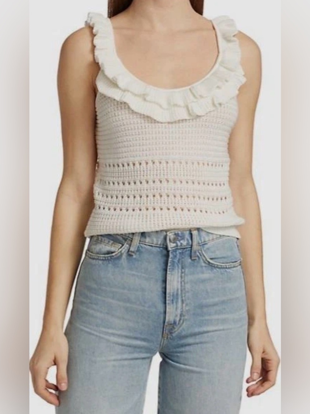 7 For All Mankind Sleeveless Crochet Front Tank Top Large ivory cream ruffle